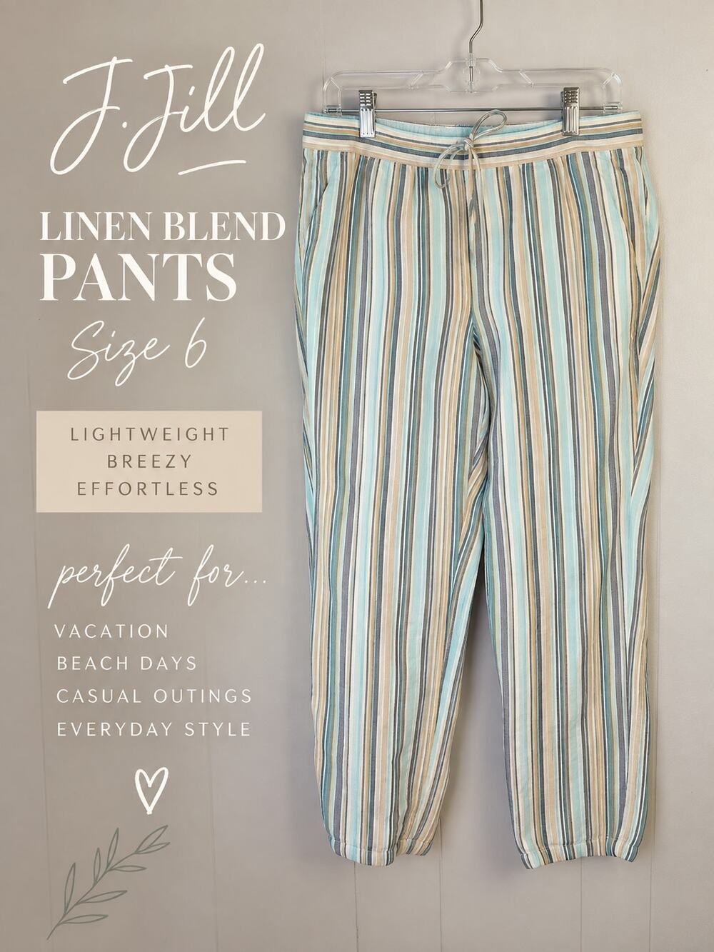 J.Jill SStriped Linen Blend Small Drawstring Pants Coastal Casual Beachy Resort